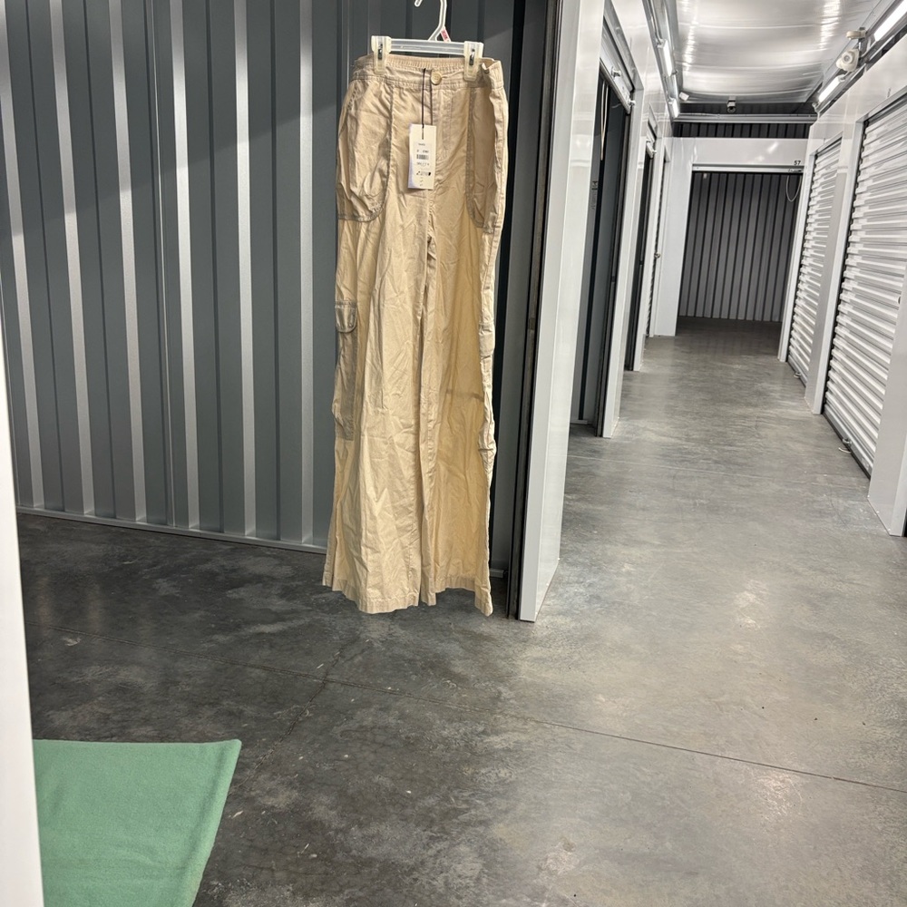 NWT Angel Kiss Tan Lightweight Cargo Pants Back Elastic Waist Wide Leg Women’s L